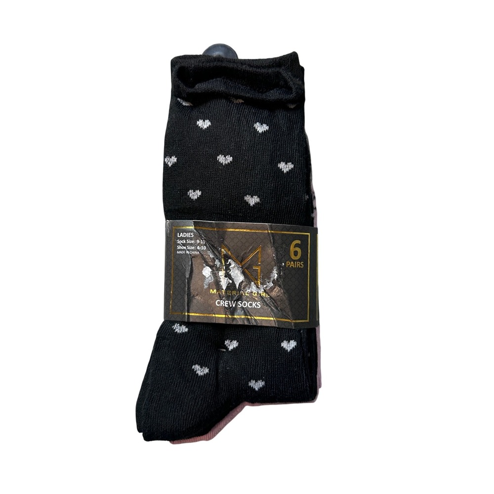 Material Girl Crew Socks Womens 9-11 Multi Color Heart Print 6 Pairs MGLCS-277-A